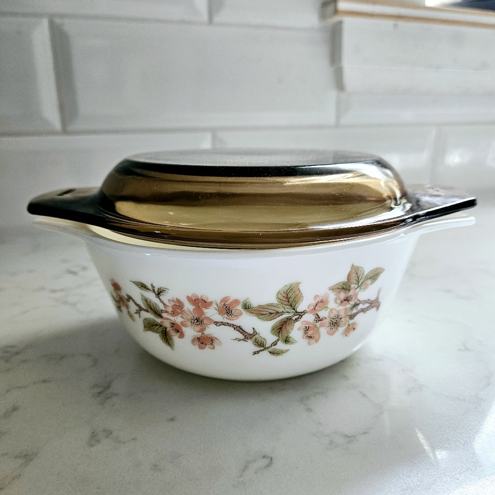Vintage 1970’s Pyrex “Cherry Blossom” Small Baking Dish With matching amber lid